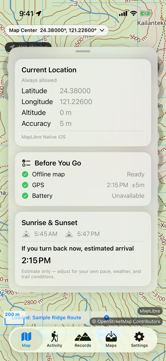 Info Panel After Loading a Route