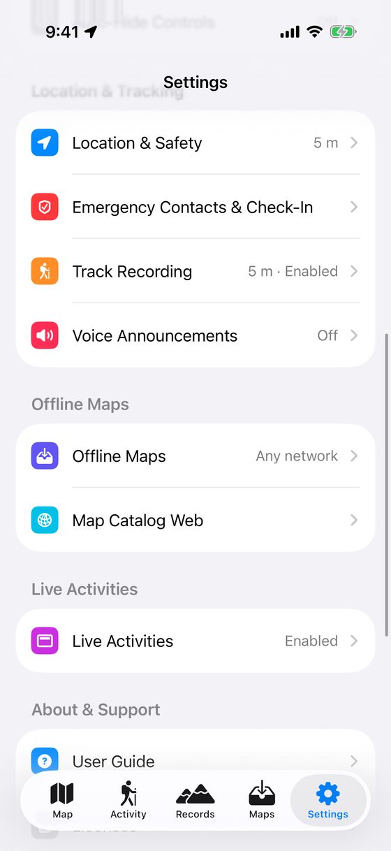 Bottom half of Settings tab