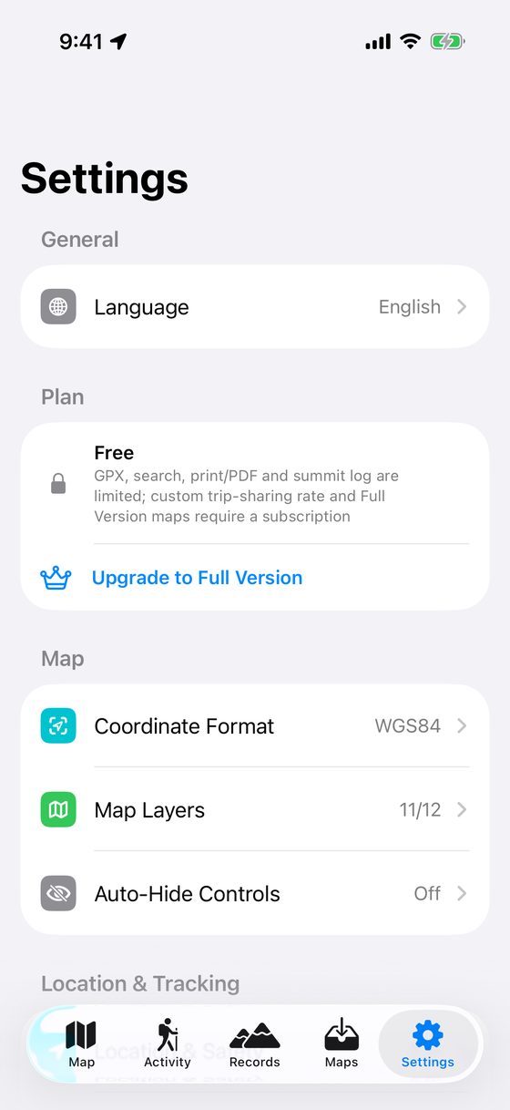Top half of Settings tab