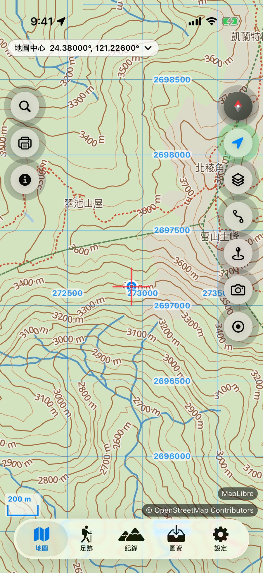 Aki Map 離線地圖畫面，顯示山徑與目前位置